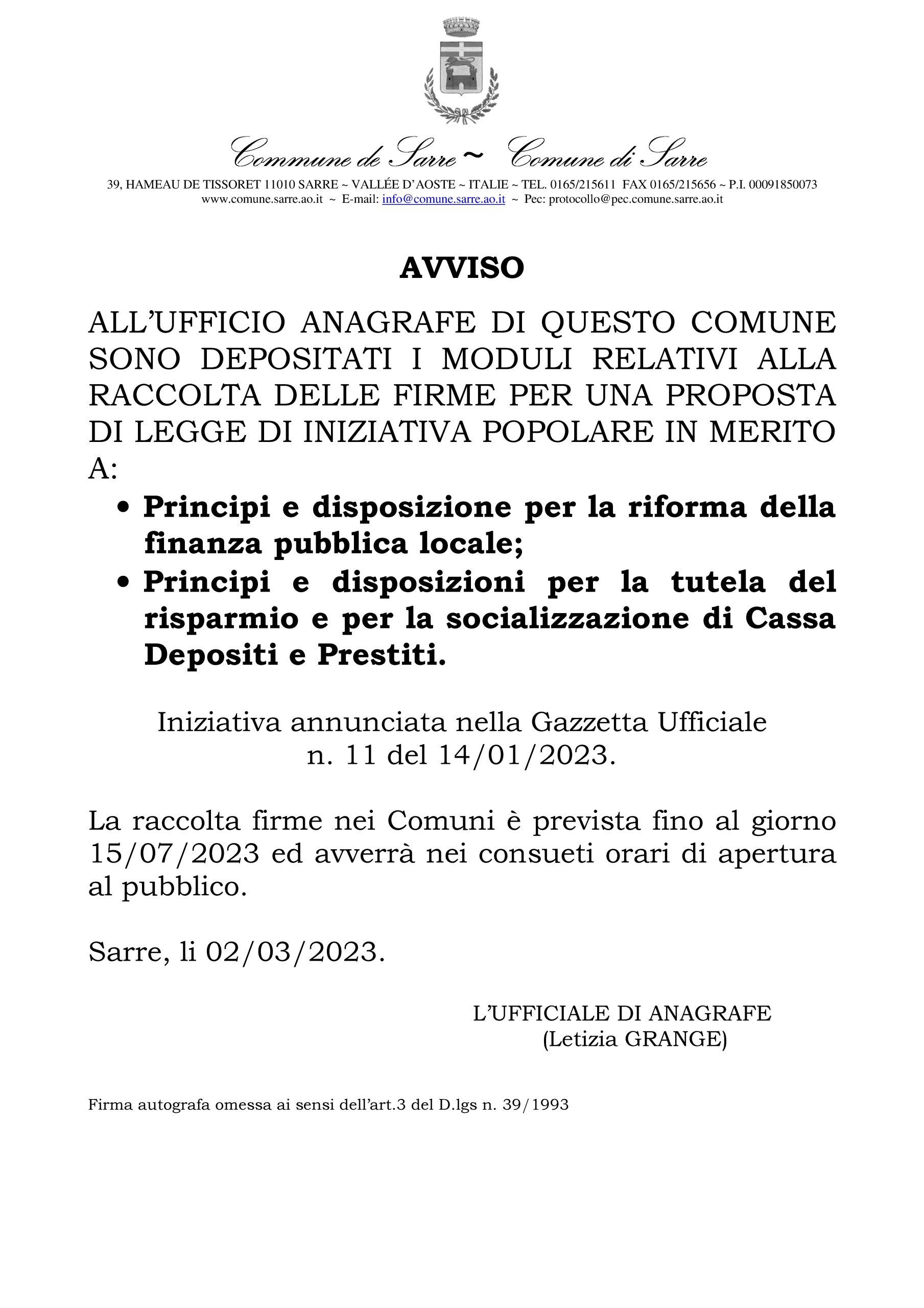 Comune Di Sarre Raccolta Firme Per Proposta Di Legge Di Iniziativa Popolare